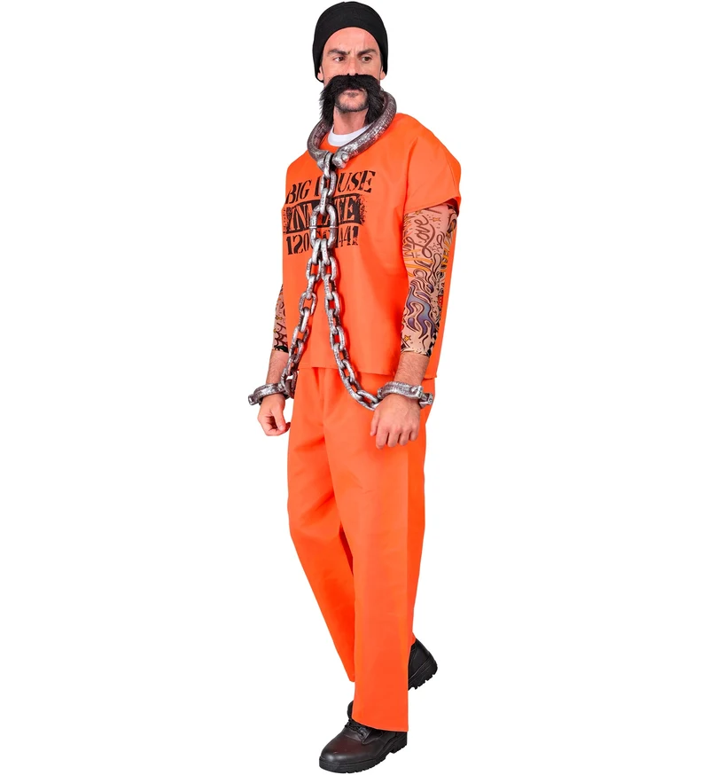 Sträfling Kostüm für Herren | Kostüm mit Bart- Orange