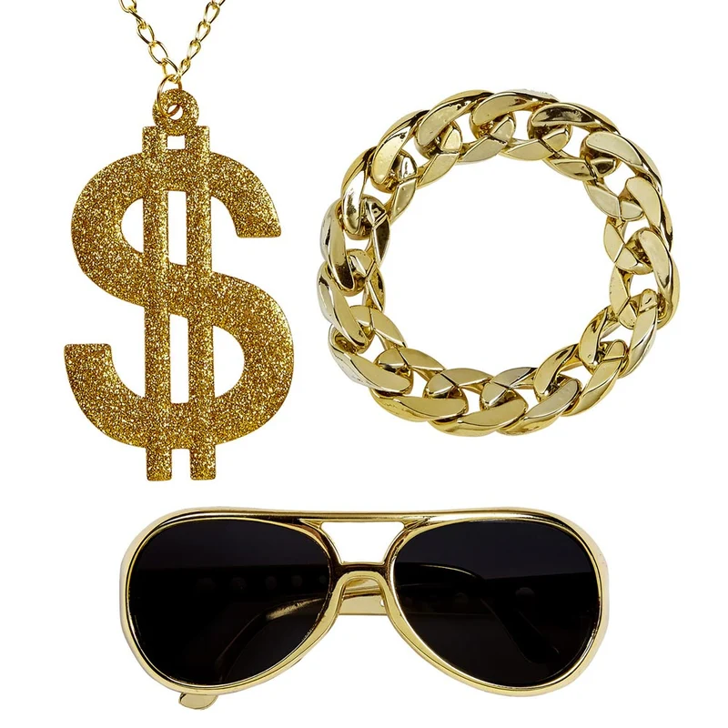 Pimp Kostümset | Dollar Kette, Armband, Brille
