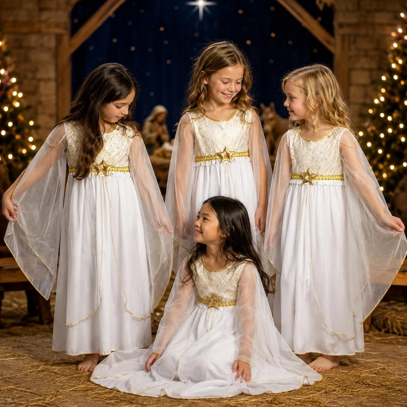 Kinder Engelskostüm "Lucia" mit Sternen | Weiß Gold