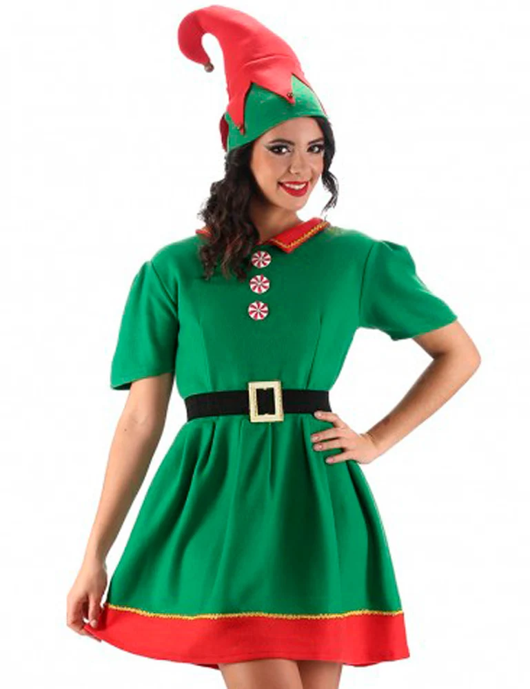 Kostüm Weihnachtselfe für Damen - Grün Rot | Wichtel Kleid mit Hut