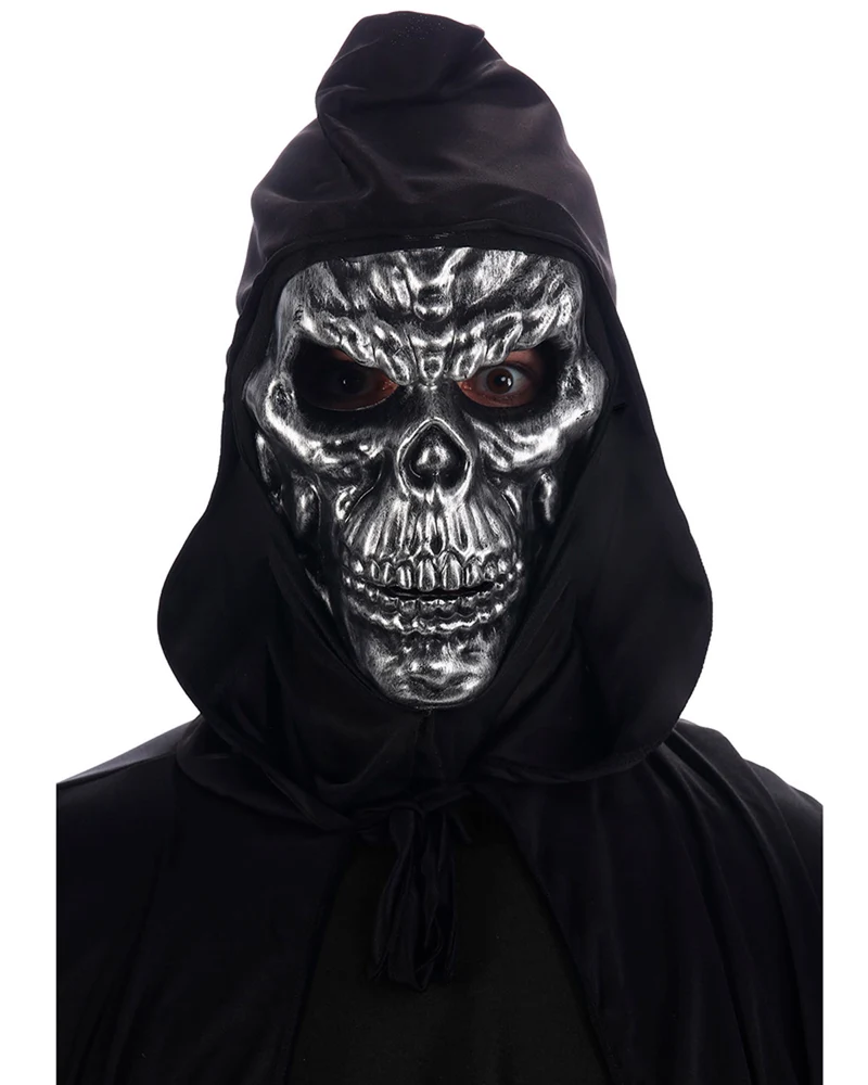 Halloween Maske "Totenkopf mit Kapuze" | Silber Schwarz