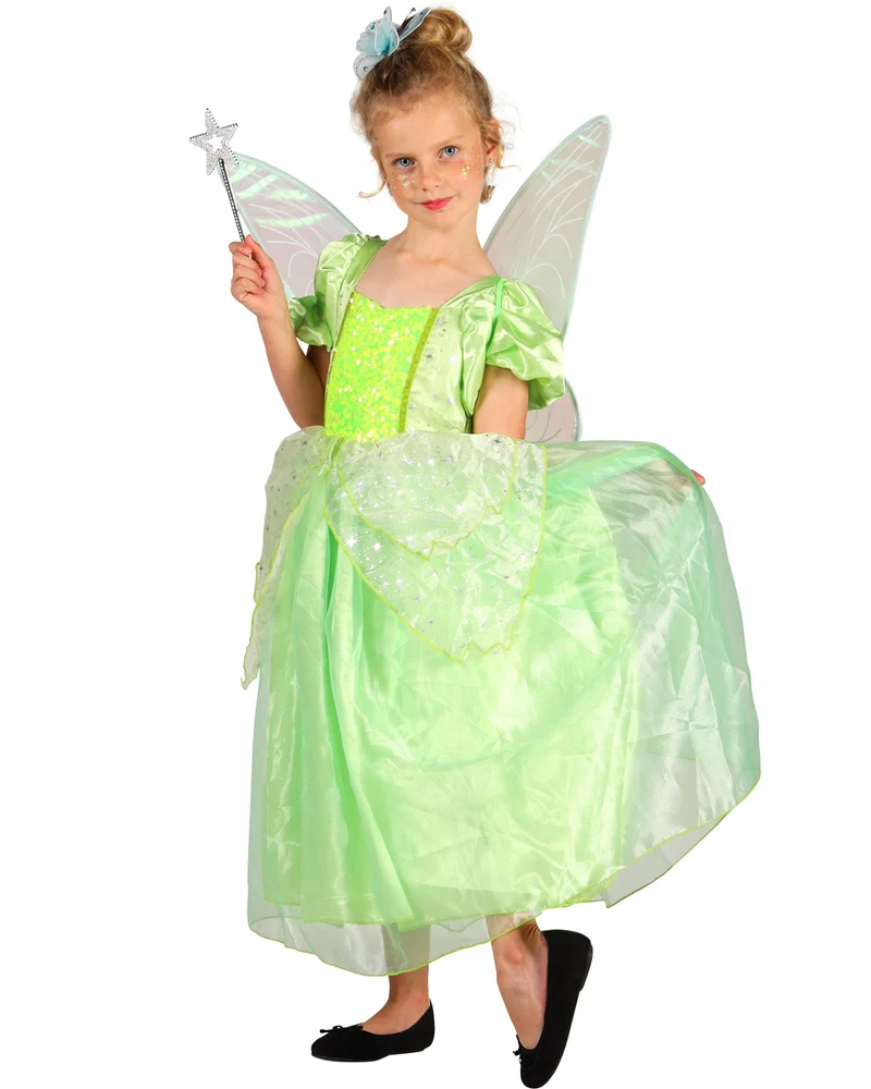 Waldfee "Elisa" Kinderkostüm - Hellgrün | Langes Märchen Kleid mit Flügeln