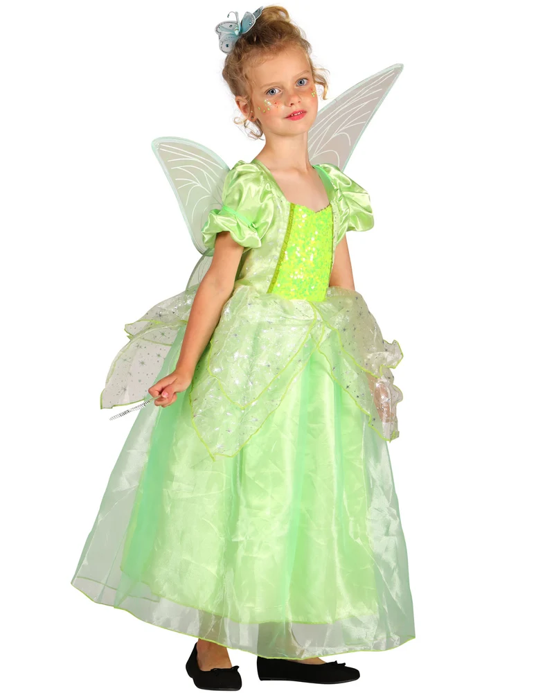 Waldfee "Elisa" Kinderkostüm - Hellgrün | Langes Märchen Kleid mit Flügeln