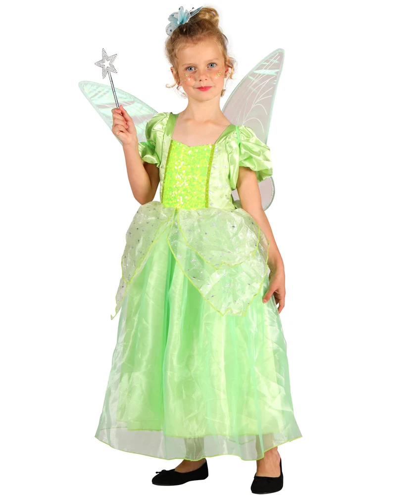 Waldfee "Elisa" Kinderkostüm - Hellgrün | Langes Märchen Kleid mit Flügeln