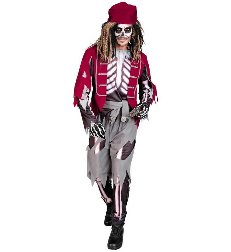 Skelett Pirat Kostüm für Herren | Schwarz Rot - Halloween