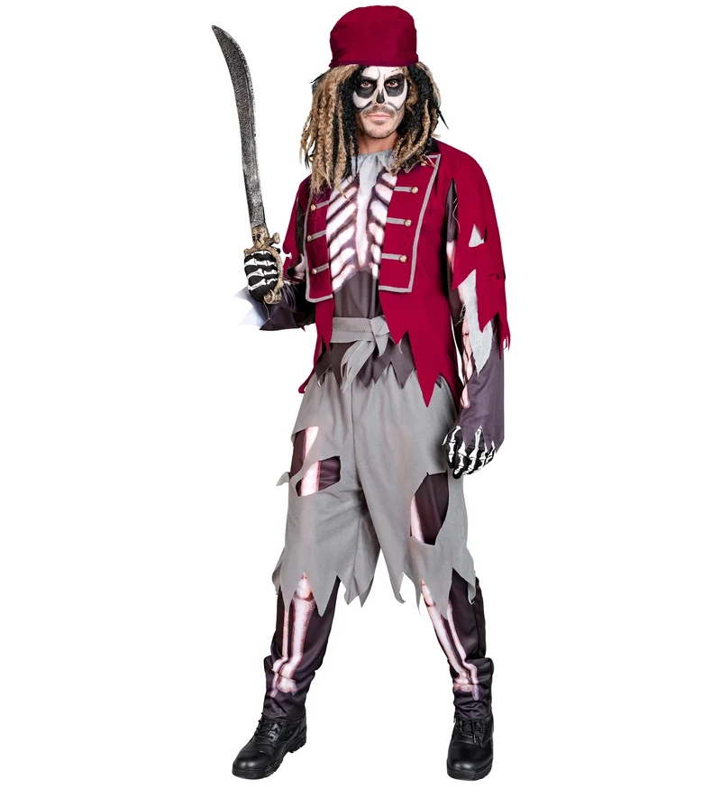 Skelett Pirat Kostüm für Herren | Schwarz Rot - Halloween
