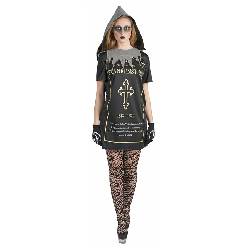 Grabstein "Tammy" Kleid mit Kapuze für Damen | Schwarz