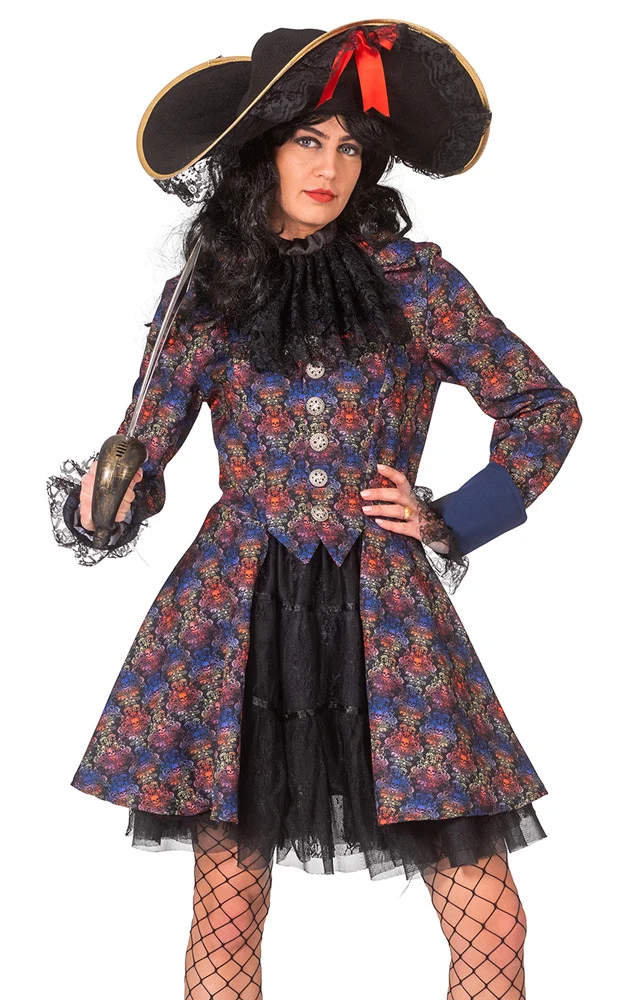 Barock Piratin Jacke für Damen mit Jabot | Piratenkostüm mit bunten Totenköpfen
