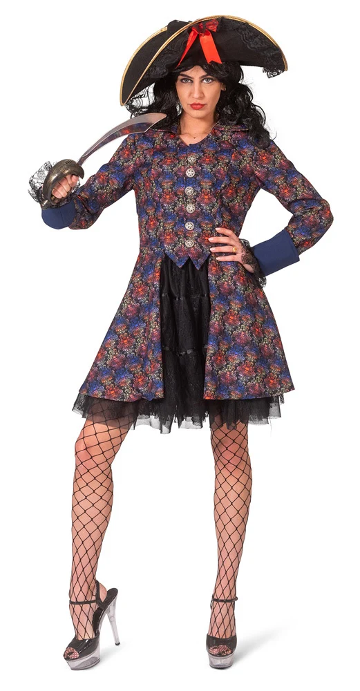 Barock Piratin Jacke für Damen mit Jabot | Piratenkostüm mit bunten Totenköpfen
