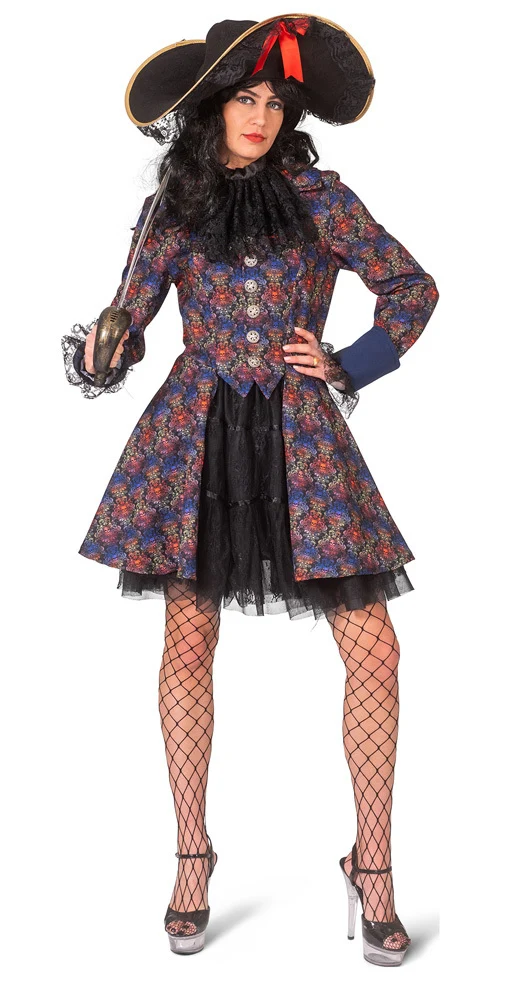 Barock Piratin Jacke für Damen mit Jabot | Piratenkostüm mit bunten Totenköpfen