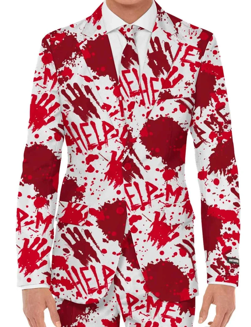 Halloween Designer Anzug "Blutflecken" 3-tlg. - Herren Kostüm | Rot Weiß
