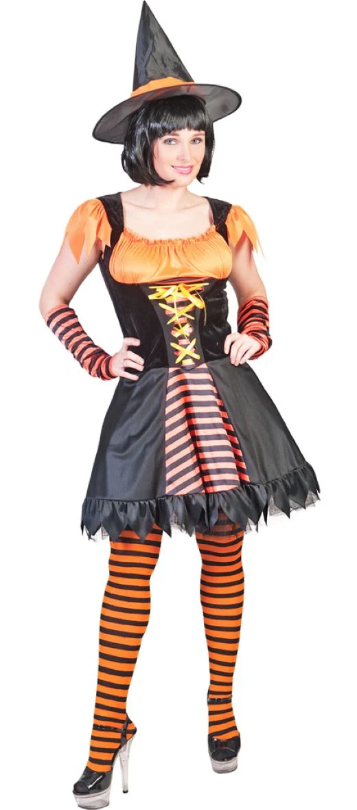 Damen Hexenkostüm "Hazel" - Schwarz Orange | Kostümkleid und Hexenhut