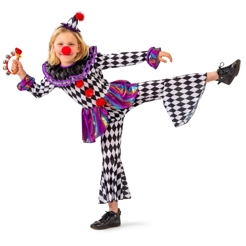 Harlekin Kinderkostüm "Chelsey" mit Hut | Pierrot Anzug