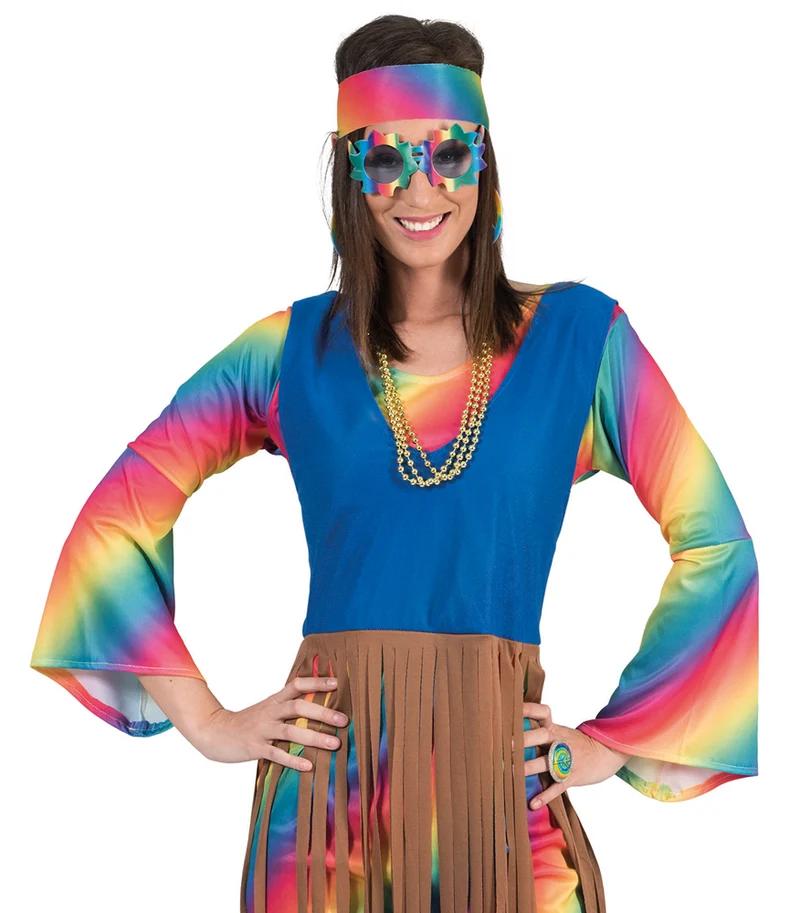 Rainbow Hippie Kostüm "Lucy" für Damen | Langes 70er Jahre Kleid mit Fransen