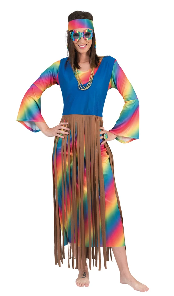 Rainbow Hippie Kostüm "Lucy" für Damen | Langes 70er Jahre Kleid mit Fransen