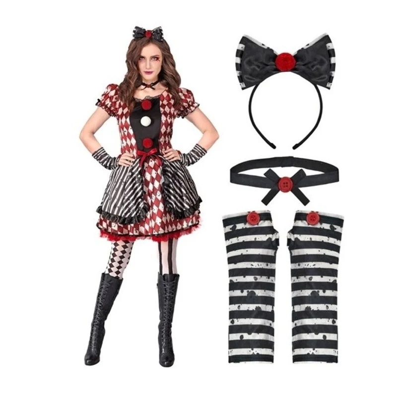 Kostüm "Harlekin Puppe" für Damen | Kleid, Haarreif mit Schleife, Halsband und Handschuhe