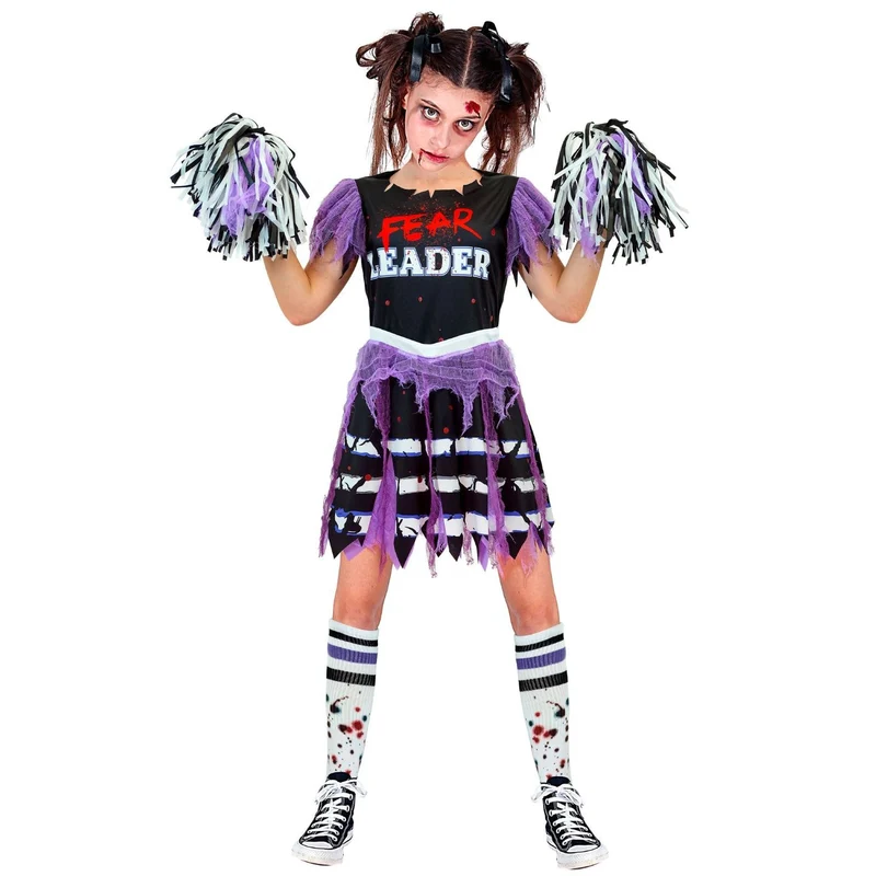 Kostüm "Zombie Cheerleader" für Mädchen | Kleid, Strümpfe, Pompon