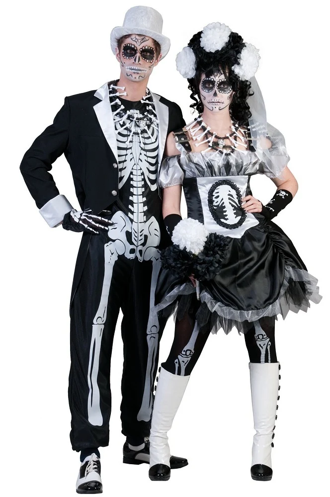 Geisterbraut Kostüm für Damen - Halloween Vampir Skelett Kostümkleid