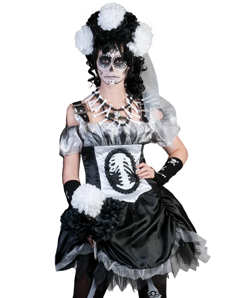 Geisterbraut Kostüm für Damen - Halloween Vampir Skelett Kostümkleid