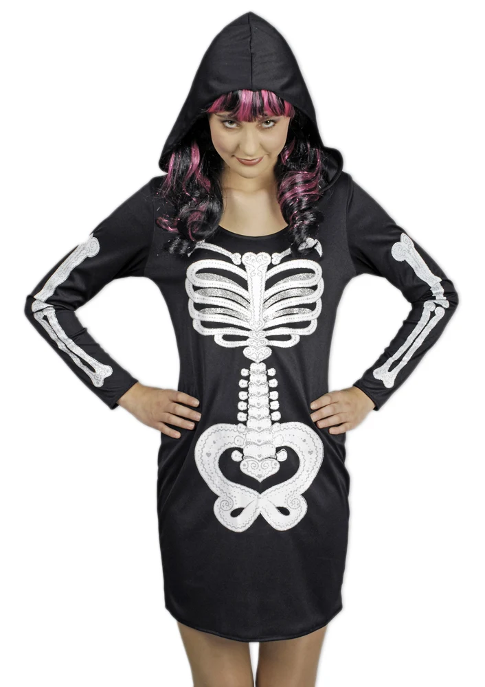 Skelett Kleid mit Kapuze für Damen - Geisterkostüm