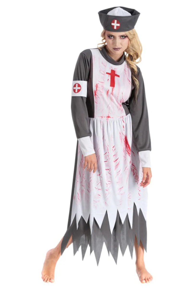 Zombie Krankenschwester Damen Kostüm "Bloody Nurse" | Grau Weiß