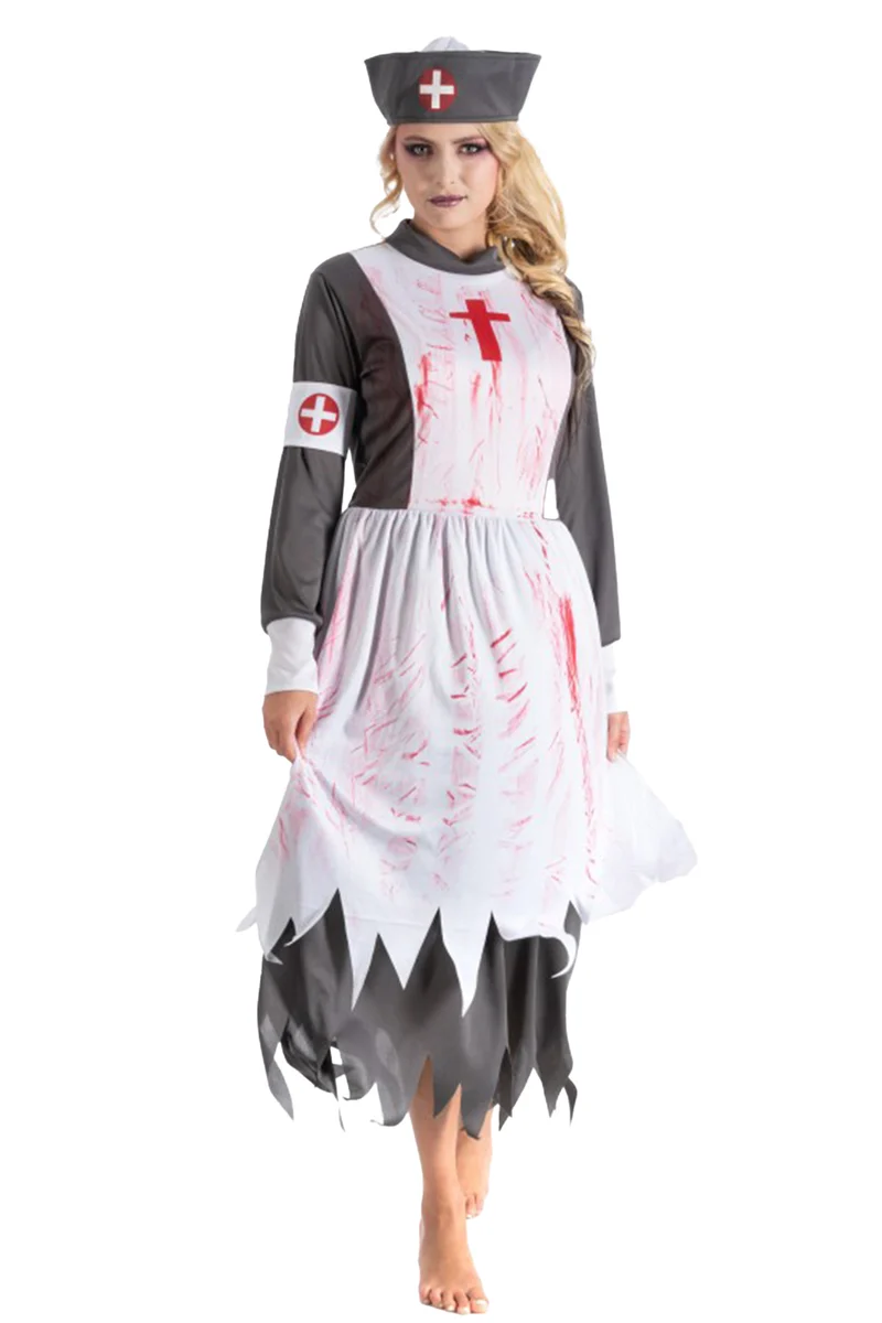 Zombie Krankenschwester Damen Kostüm "Bloody Nurse" | Grau Weiß