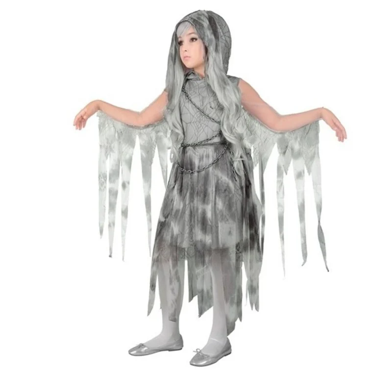 Kostüm "Ghostly Spirit in Ketten" für Mädchen | Kleid mit Kapuze und Kette - Grau
