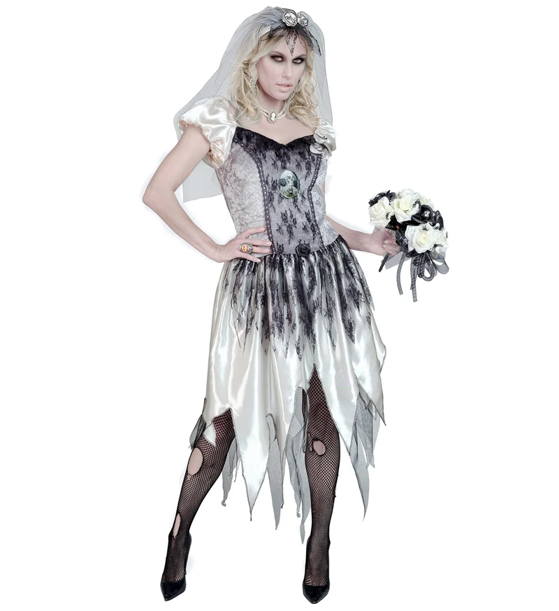Geisterbraut Kostüm für Damen | Grau Schwarz - Kleid und Schleier