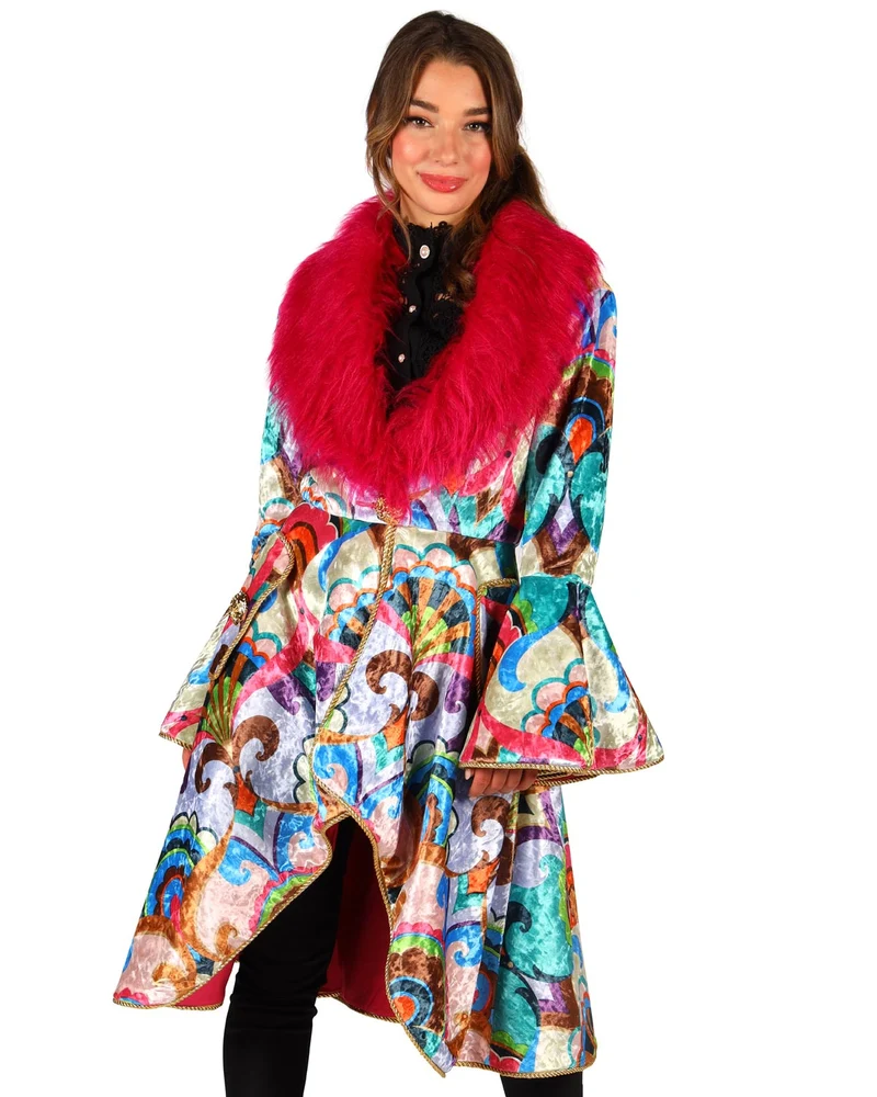 Karneval Jacke für Damen mit Fellbesatz und Blumenmuster | Pink Bunt