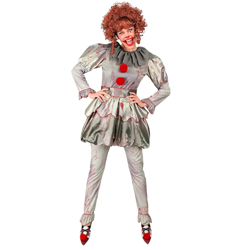 Kostüm "Killer Clown" für Damen | Grau mit Blutspritzern