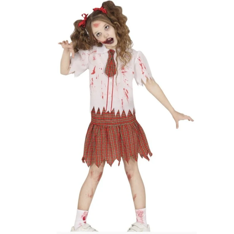 Kostüm "Zombie Schulmädchen" für Kinder | Rock, T-Shirt und Krawatte