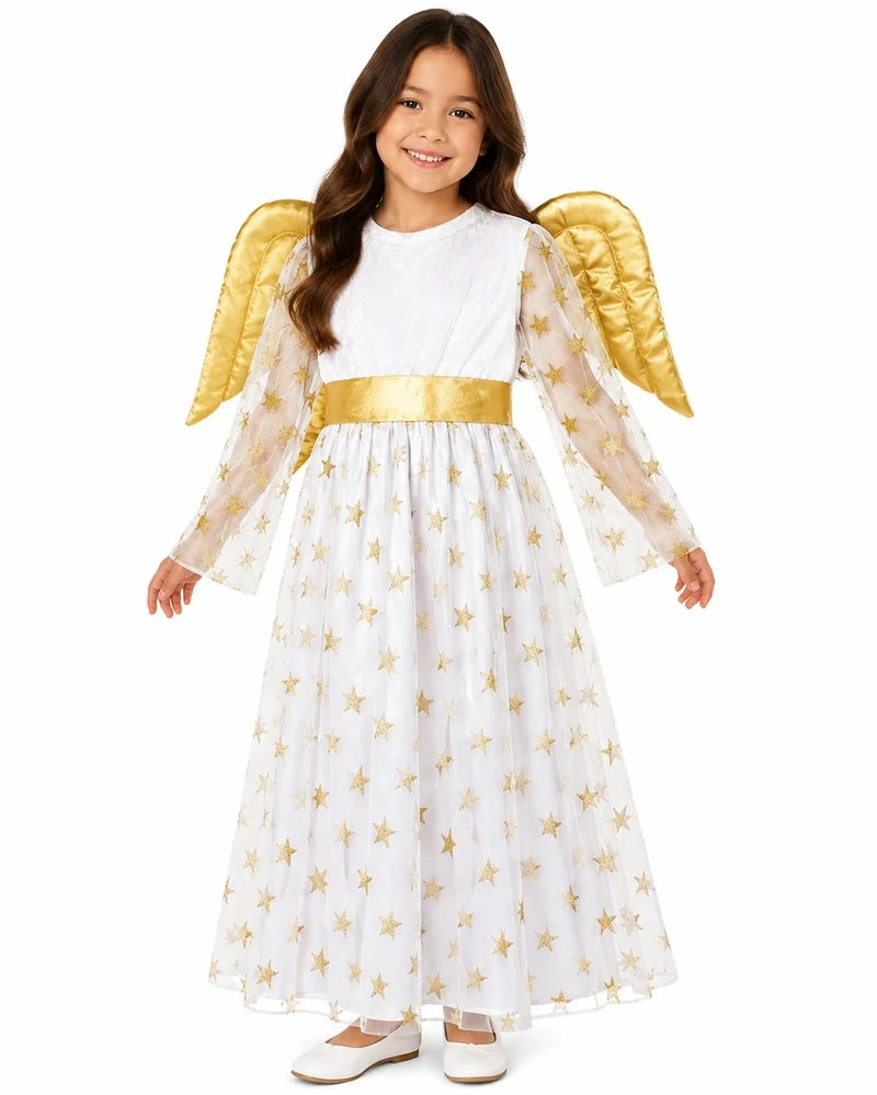 Kinder Engelskostüm "Sternen Engel" mit Flügeln - Samtkleid Weiß Gold
