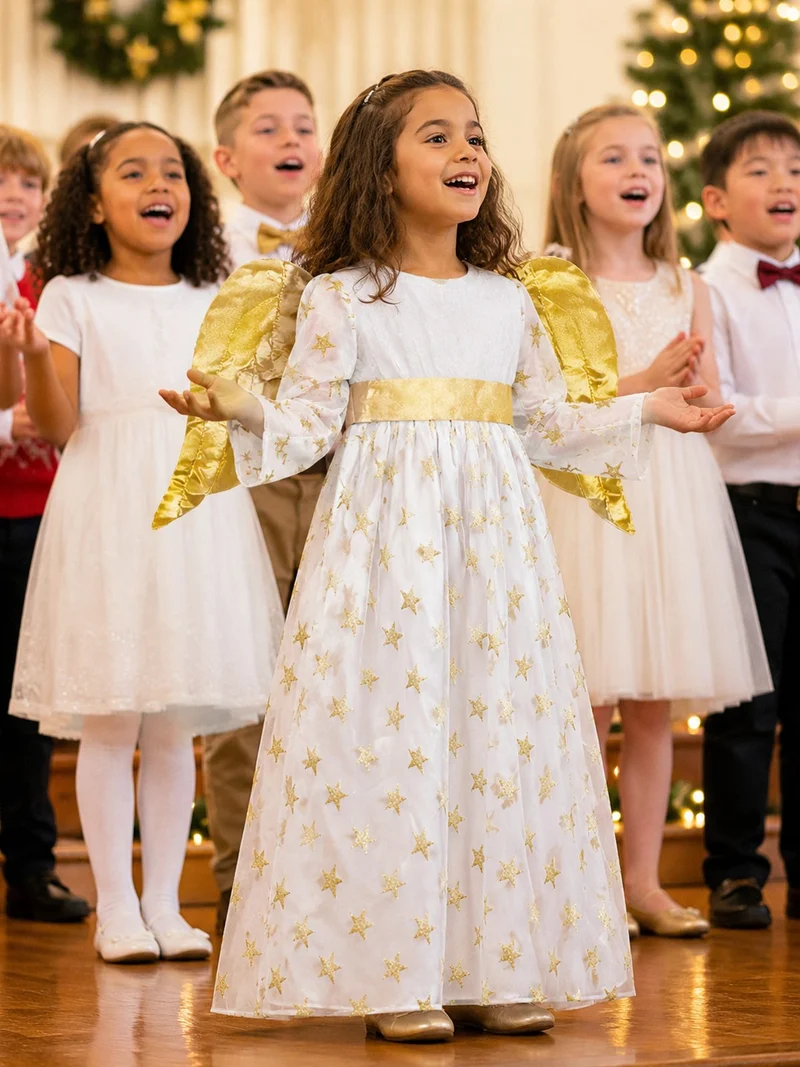 Kinder Engelskostüm "Sternen Engel" mit Flügeln - Samtkleid Weiß Gold