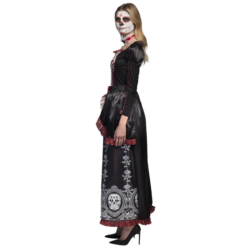 Dia des los Muertos "Senora Adriana" Skelett Kostüm für Damen | Schwarz Rot