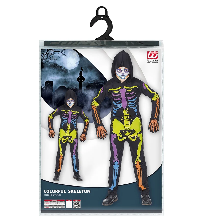 Kinderkostüm buntes Skelett, Kostüm für Halloween, Faschingskostüme Kinder, Overall mit Kapuze