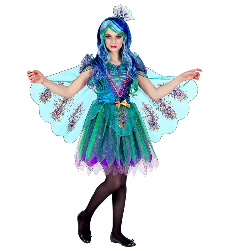Pfau Kinderkostüm - Glitzer Kleid mit Flügeln | Türkis Lila