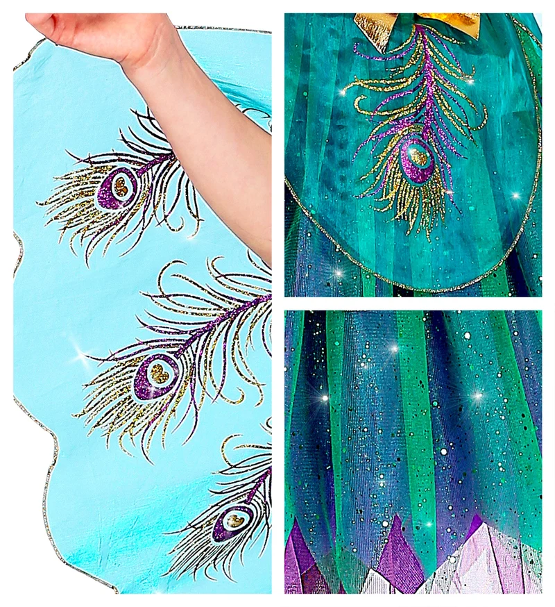 Pfau Kinderkostüm - Glitzer Kleid mit Flügeln | Türkis Lila