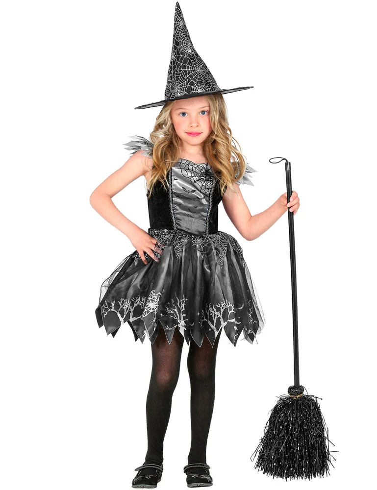 Glitzer Hexe Kinderkostüm 2-teilig - Kleid und Hut | Schwarz-Silber