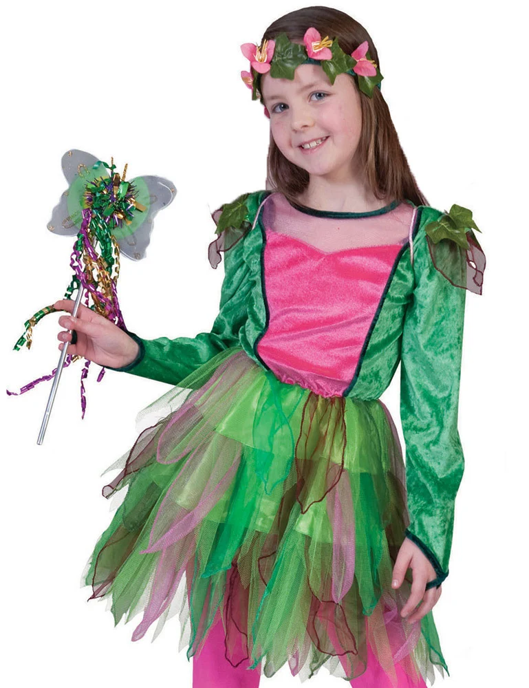 Waldfee "Nina" Kinder Kostüm | Märchen Elfenkleid mit Blumenkranz - Grün Rosa