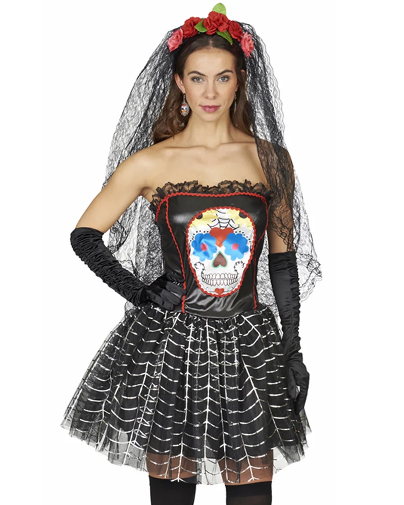 "Day of the Dead" Kostüm für Damen Schwarz | Kleid mit Totenkopf