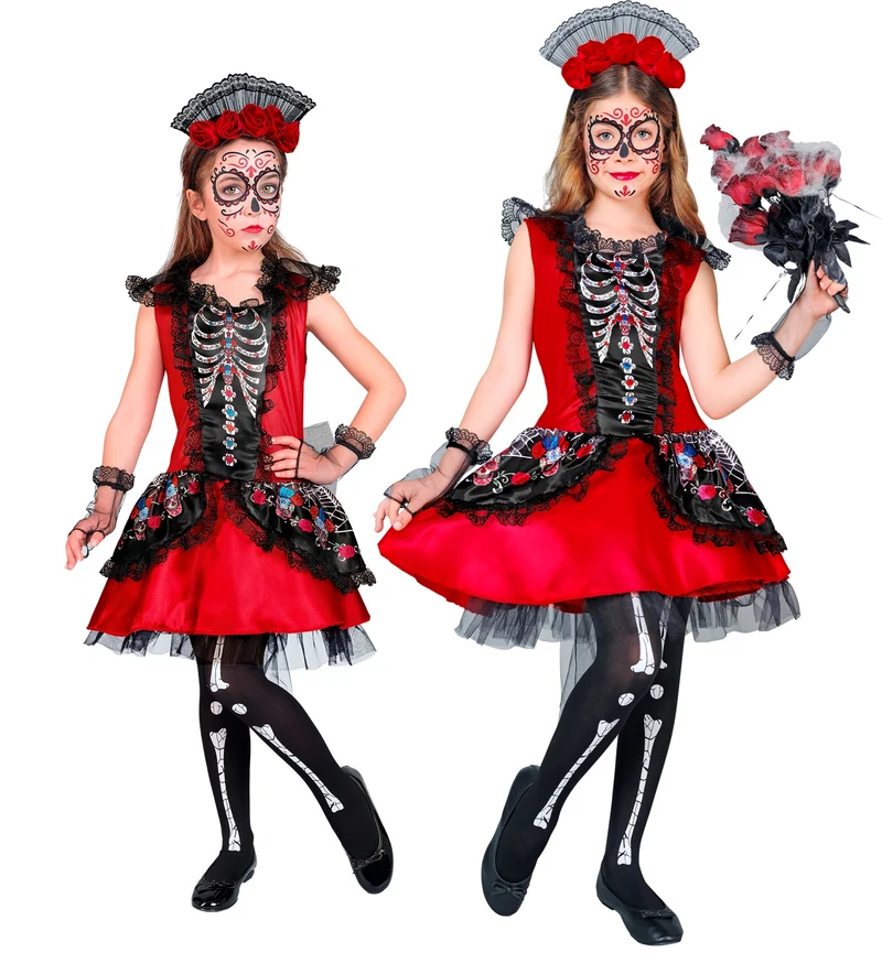 Dia de los Muertos Kinderkostüm - Skelett Kleid mit Haarreif | Rot
