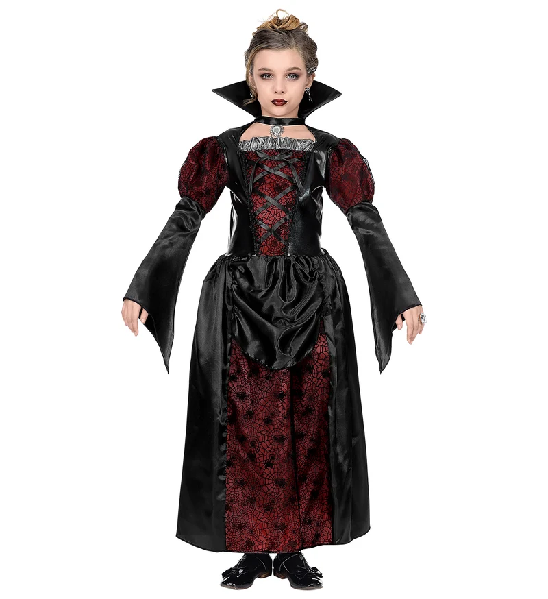 Vampirin Dracula Kinderkostüm - Langes Kleid mit Halsschmuck | Schwarz Rot