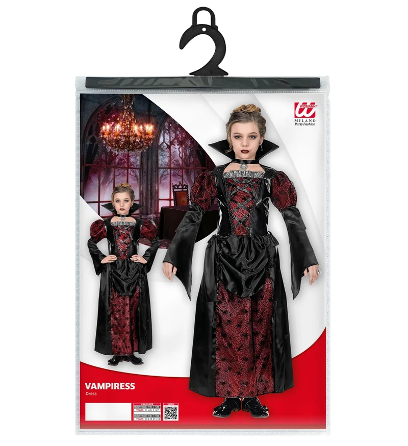 Vampirin Dracula Kinderkostüm - Langes Kleid mit Halsschmuck | Schwarz Rot
