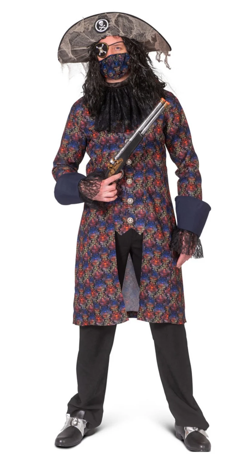 Barock Pirat Musketier Kostüm für Herren mit Totenköpfen - Bunt