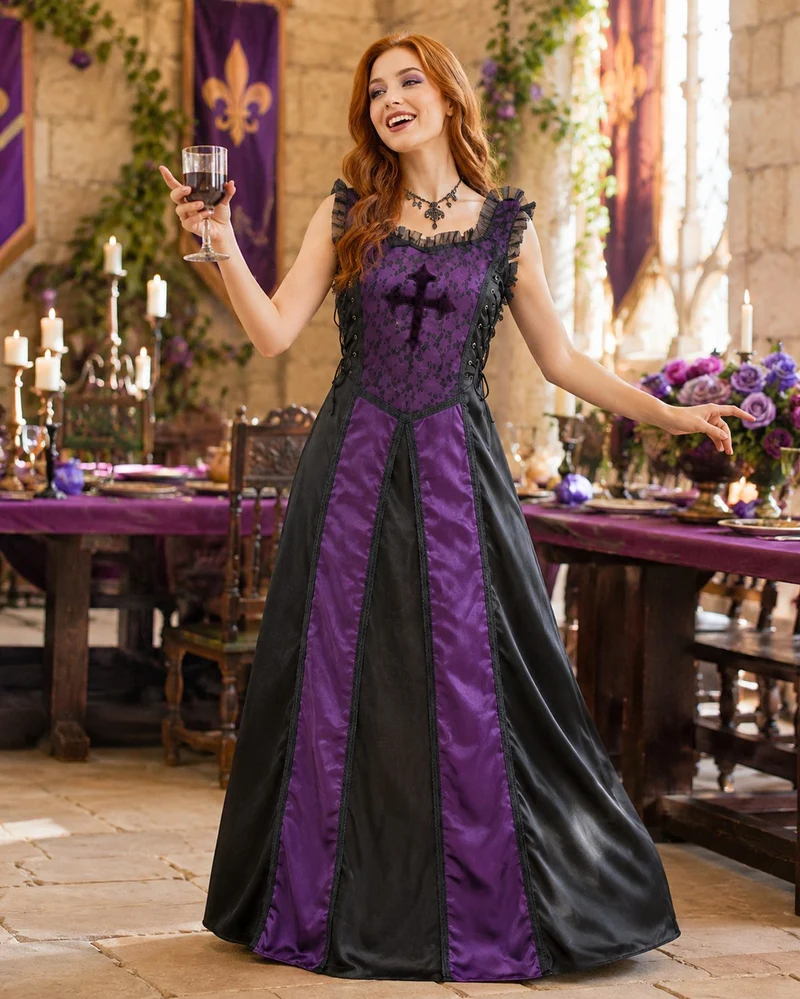 Mittelalter LARP Corsagenkleid Damen Gothic Kleid | Violett Schwarz