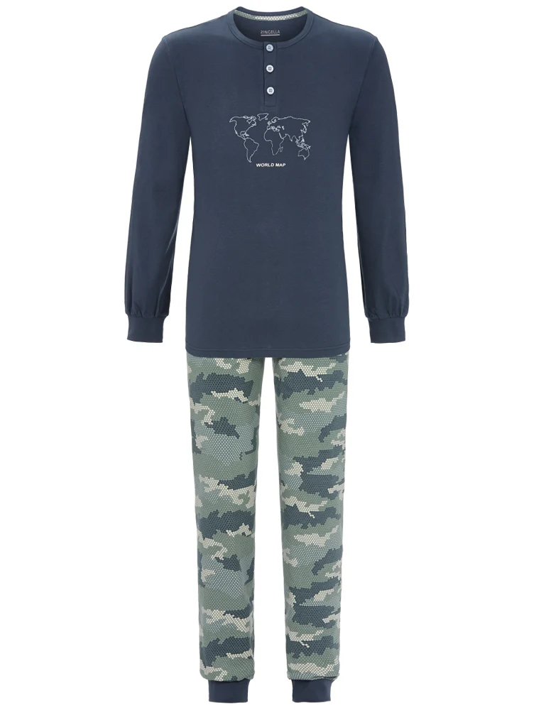 RINGELLA Herren Langarm Pyjama "World Map" 2541201 | Dark Petrol