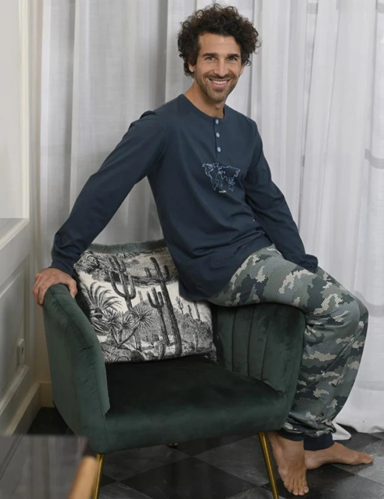 RINGELLA Herren Langarm Pyjama "World Map" 2541201 | Dark Petrol