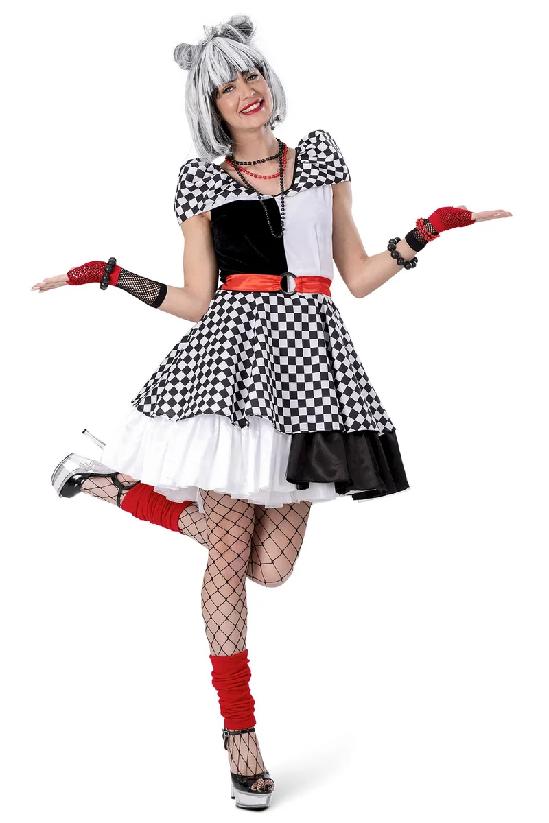 Clown Kostüm "Karierte Suzanna" für Damen | Schwarz Weiß - Kleid und Gürtel