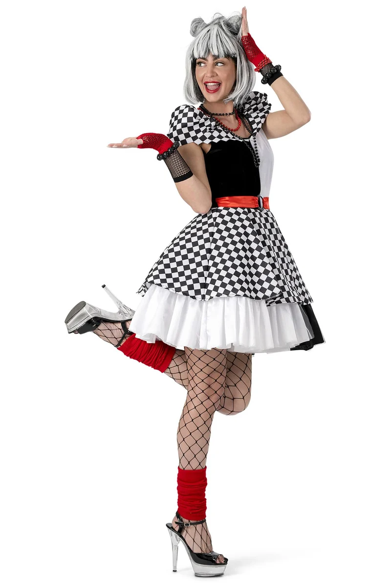 Clown Kostüm "Karierte Suzanna" für Damen | Schwarz Weiß - Kleid und Gürtel