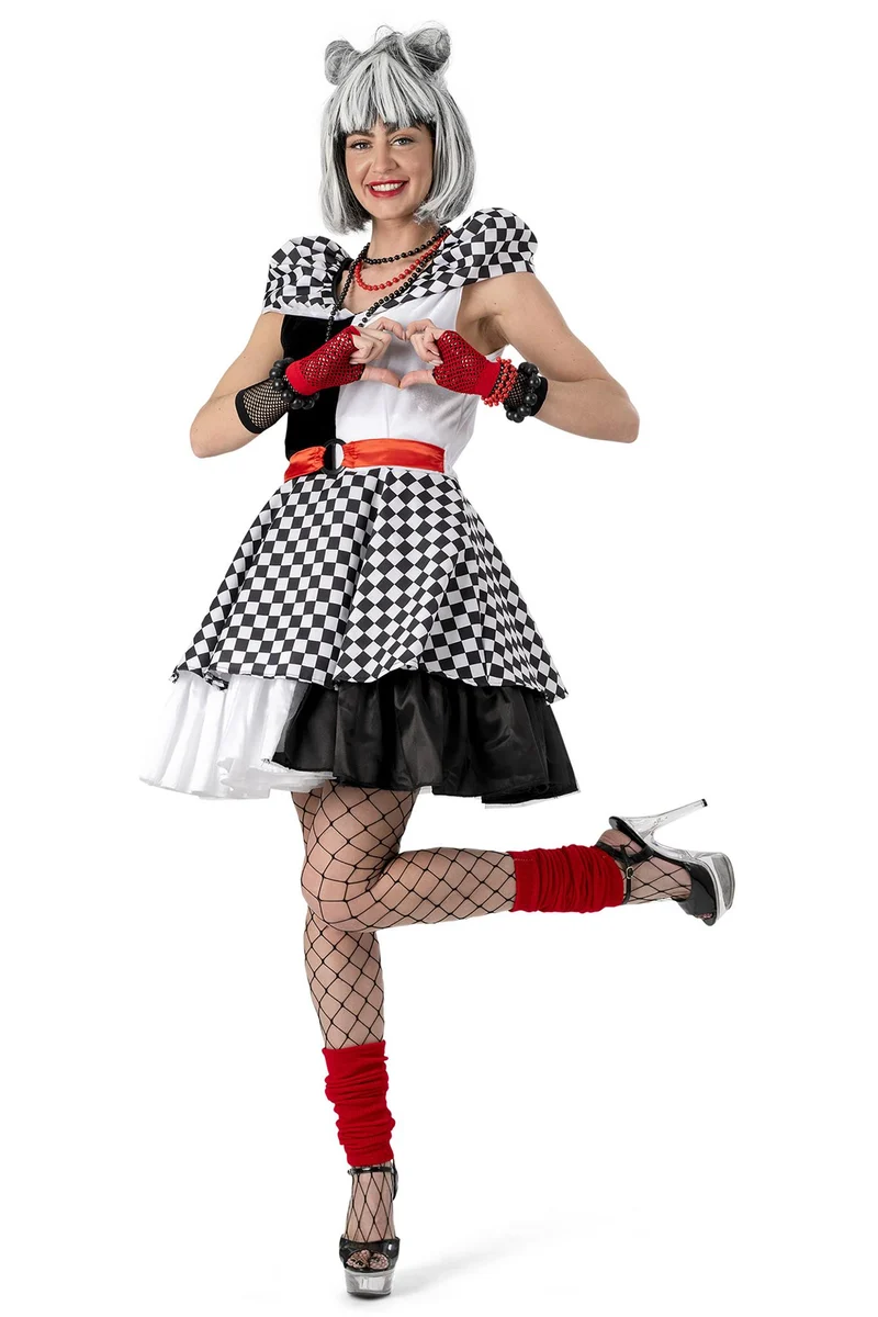 Clown Kostüm "Karierte Suzanna" für Damen | Schwarz Weiß - Kleid und Gürtel